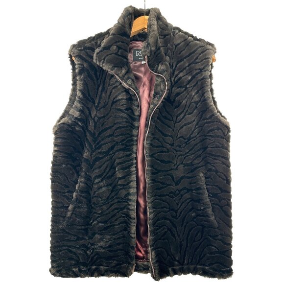 Nana Creations Womens Faux Fur Vest Sz M Brown Striped LongLine Pockets MobWife - Picture 1 of 8